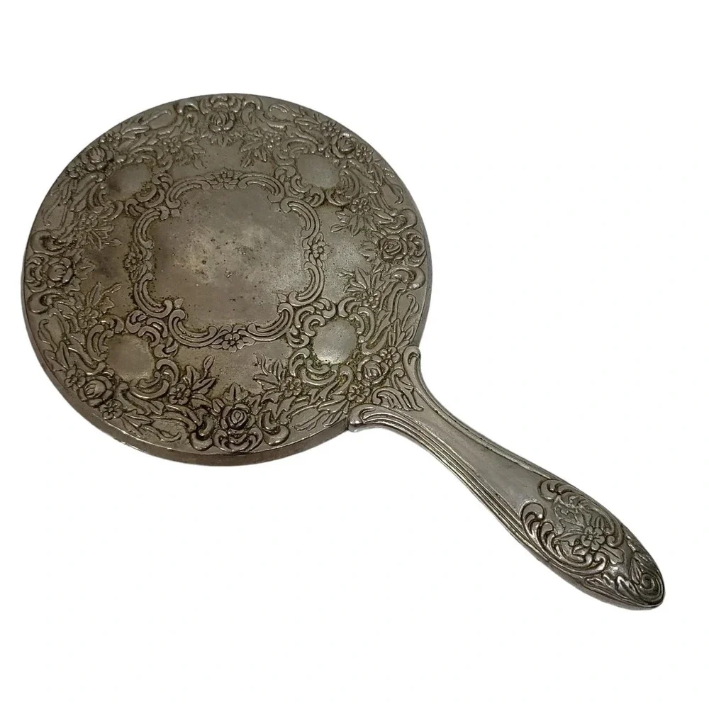 Vintage Ornate Floral Silverplate Hand Mirror Victorian Vanity Decor AS‎ IS
